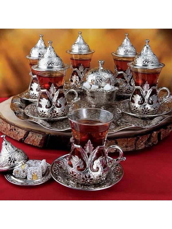 OUT OF STOCK-Silver Turkish Tea Cup Set for Six