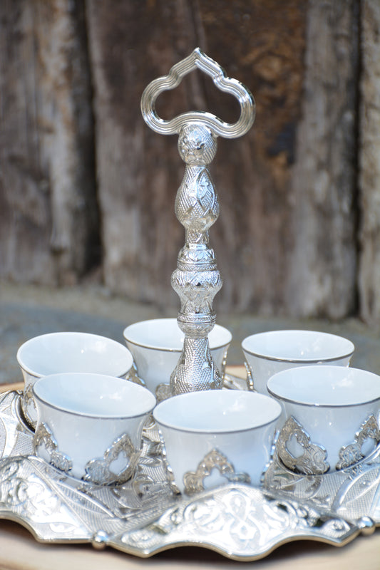 Silver Turkish Coffee Cup Set for Six (6) with Carry Handle!