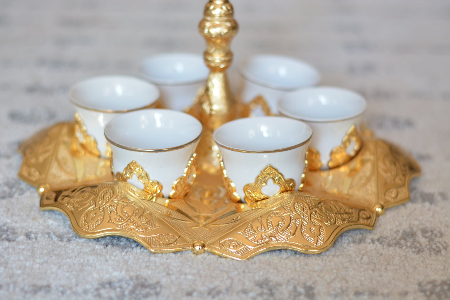 Gold Turkish Coffee Cup Set for Six (6) with Carry Handle!