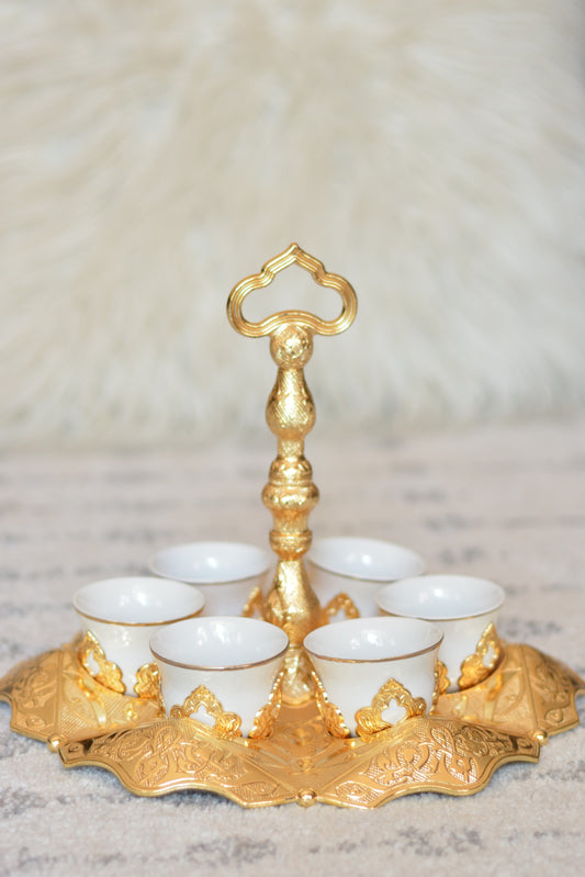 Gold Turkish Coffee Cup Set for Six (6) with Carry Handle!