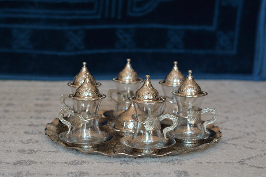 Premium Silver Turkish Tea Cups with Tops Serves 6