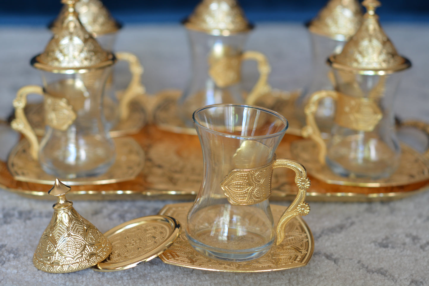 Premium Gold Turkish Tea Cups with Tops Serves 6