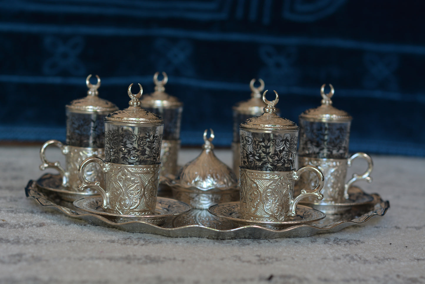 Premium Silver Turkish Tea Cups with Tops- Serves 6