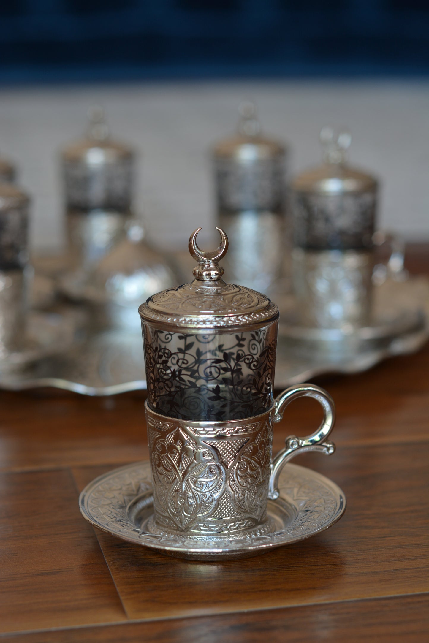 Premium Silver Turkish Tea Cups with Tops- Serves 6