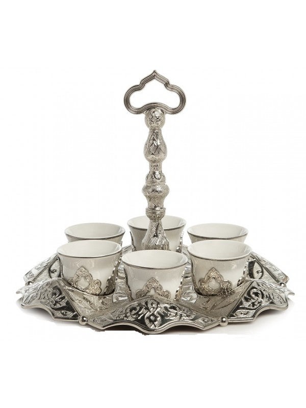 Silver Turkish Coffee Cup Set for Six (6) with Carry Handle!