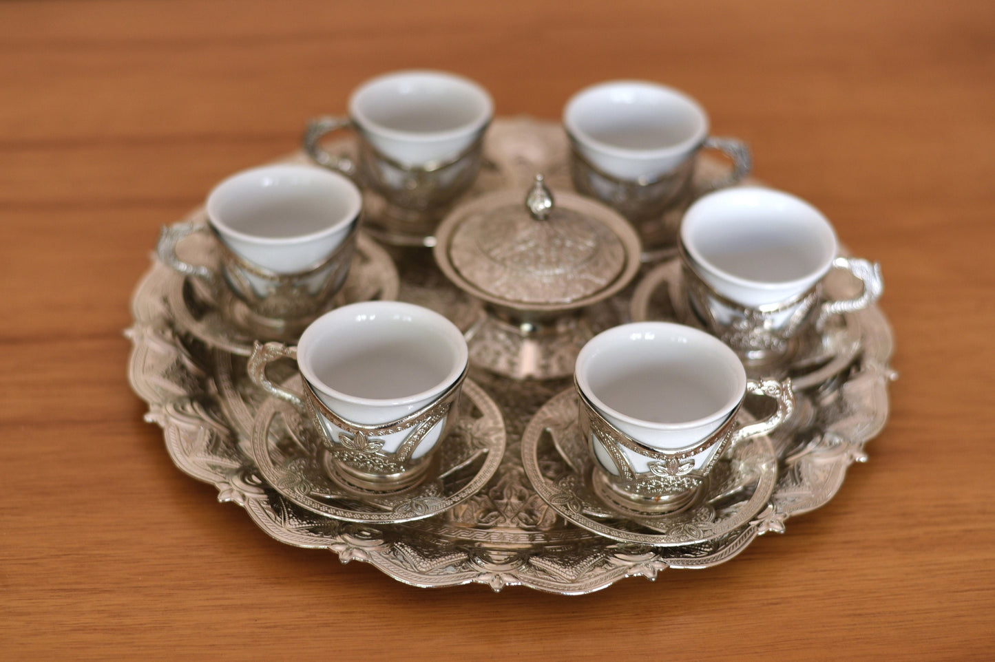 Silver Turkish Coffee Cup Set for Six (6) with Tray!