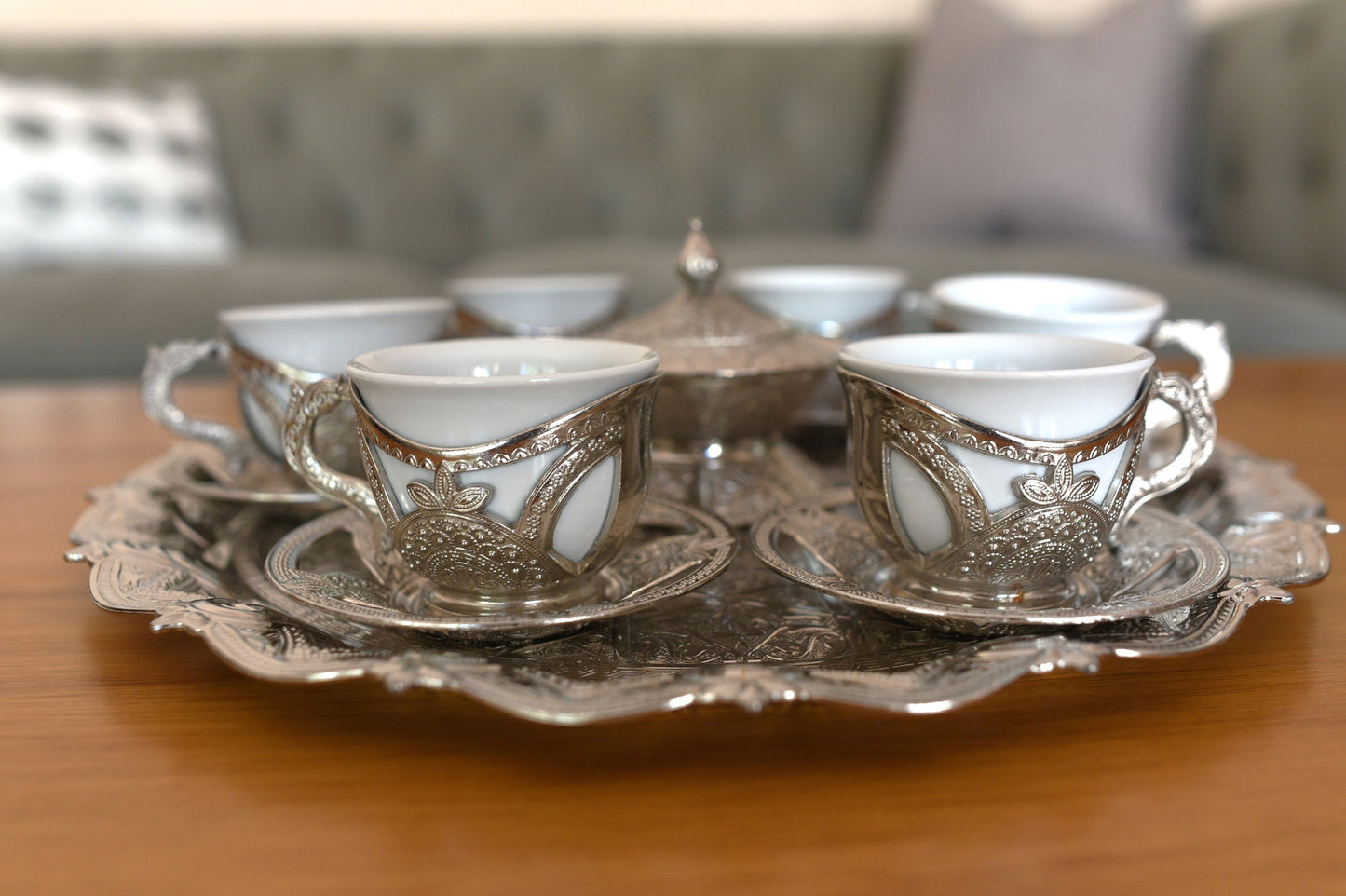 Silver Turkish Coffee Cup Set for Six (6) with Tray!