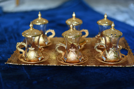 Premium Gold Turkish Tea Cups with Tops, Treat Bowls and Tray Serves 6