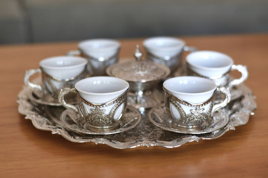 Silver Turkish Coffee Cup Set for Six (6) with Tray!